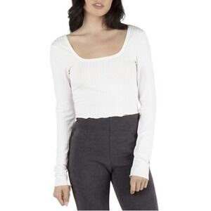 And Now This Ribbed Knit Top Square Neck Long Sleeve Cropped White Size L NWT